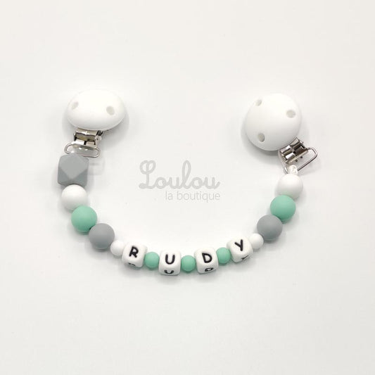 www.louloulaboutique.com attache doudou personnalisé au prénom souhiaté perle silicone blanc vert
