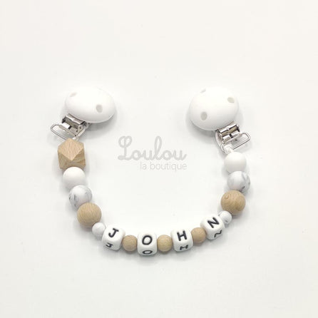 www.louloulaboutique.com attache doudou personnalisée avec un prénom perle silicone bois blanc