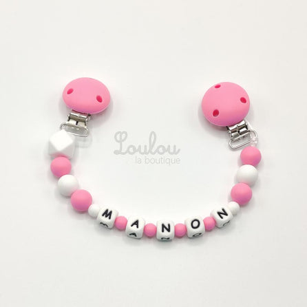 www.louloulaboutique.com attache doudou personnalisée avec un prénom perle silicone rose blanc