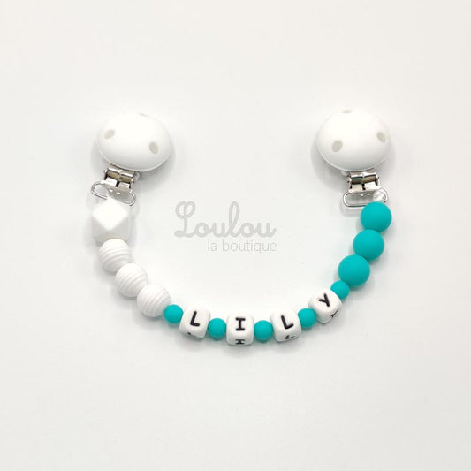 www.louloulaboutique.com attache doudou personnalisé au prénom souhiaté perle silicone vert blanc mixte