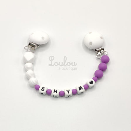 www.louloulaboutique.com attache doudou personnalisé au prénom souhiaté perle silicone blanc violet