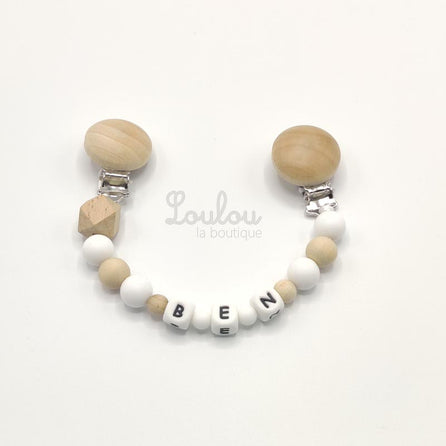 www.louloulaboutique.com attache doudou personnalisée avec un prénom perle silicone blanc bois