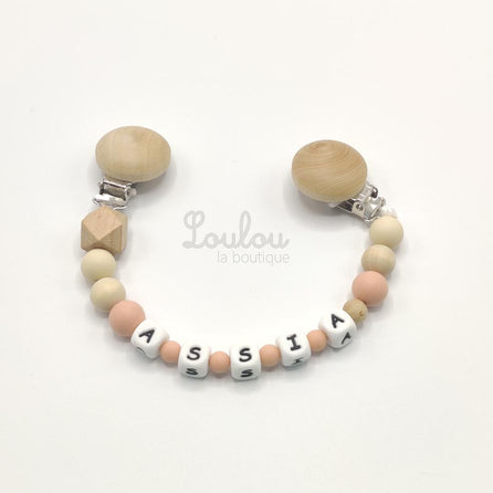 www.louloulaboutique.com attache doudou personnalisée avec un prénom perle silicone biege bois