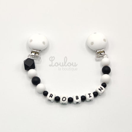 www.louloulaboutique.com attache doudou personnalisé au prénom souhiaté perle silicone noir blanche