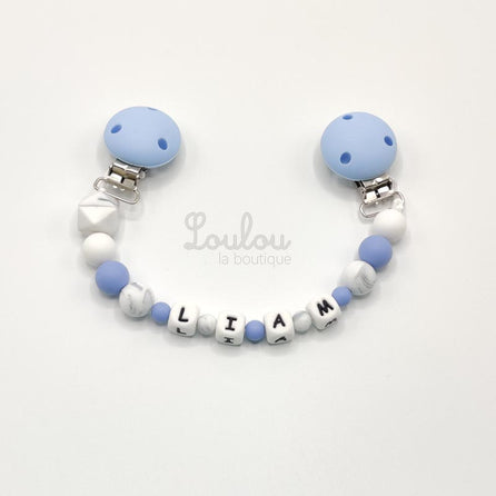 www.louloulaboutique.com attache doudou personnalisée avec un prénom perle silicone bleu blanc mixte