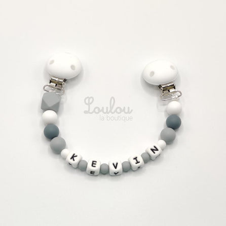 www.louloulaboutique.com attache doudou personnalisé au prénom souhiaté perle silicone blanc gris