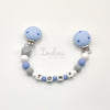 www.louloulaboutique.com attache doudou personnalisée avec un prénom perle silicone bleu gris blanc