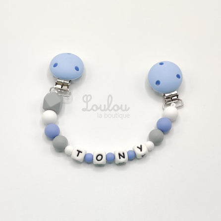 www.louloulaboutique.com attache doudou personnalisée avec un prénom perle silicone bleu gris blanc