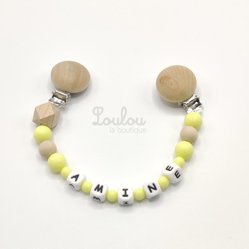 www.louloulaboutique.com attache doudou personnalisée avec un prénom perle silicone jaune bois