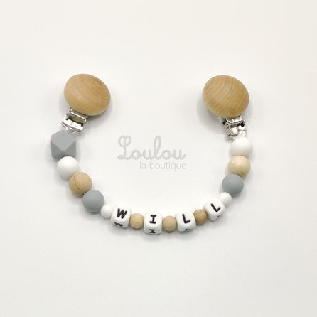 www.louloulaboutique.com attache doudou personnalisé au prénom souhiaté perle silicone bois grise blanc