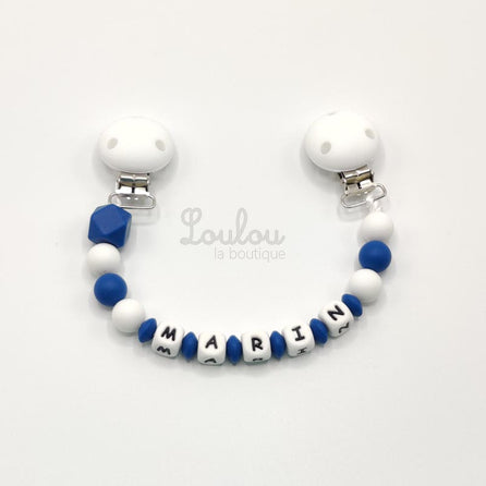 www.louloulaboutique.com attache doudou personnalisée avec un prénom perle silicone bleu blanc