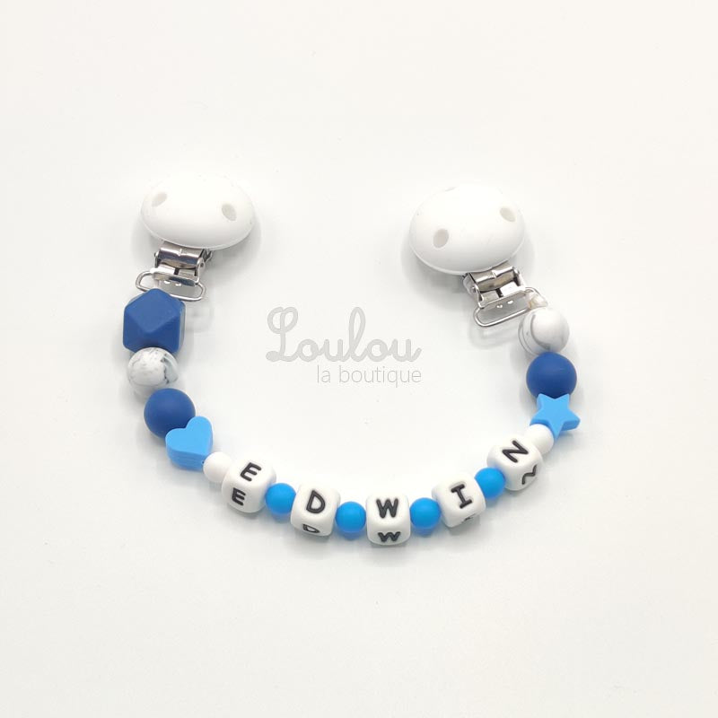 www.louloulaboutique.com attache doudou personnalisée silicone bleu coeur étoile