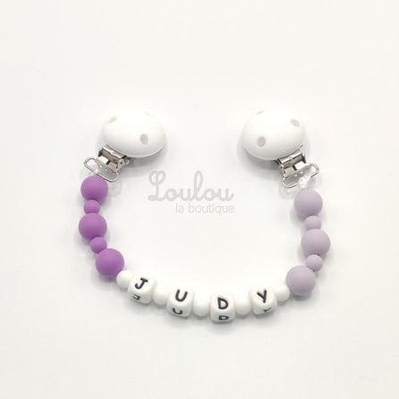 www.louloulaboutique.com attache doudou personnalisée silicone violet mauve