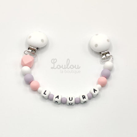 www.louloulaboutique.com attache doudou personnalisée avec un prénom perle silicone rose mauve violet blanc
