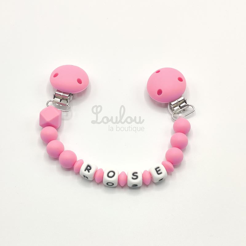 www.louloulaboutique.com attache doudou personnalisée avec un prénom perle silicone rose