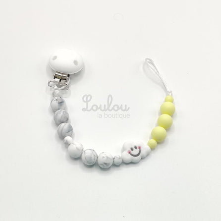 Attache tétine 16 - Cadeau naissance -  Attache sucette sans BPA fait main avec perles jaune, nuage, silicone - www.louloulaboutique.com - Accessoire bébé éveil